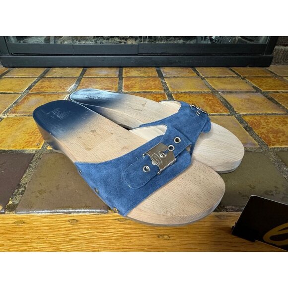 Women’s 10 Dr. Scholls Original Collection Blue Leather Wooden Orthopedic Clogs - Picture 4 of 8